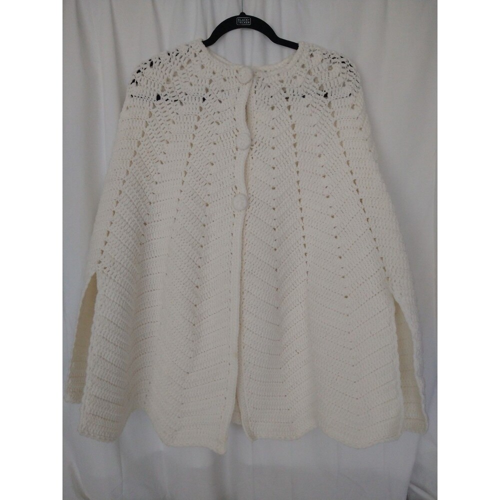 Vintage Handmade Crochet Poncho Wrap Shawl Ivory Button Up One Size Granny Core